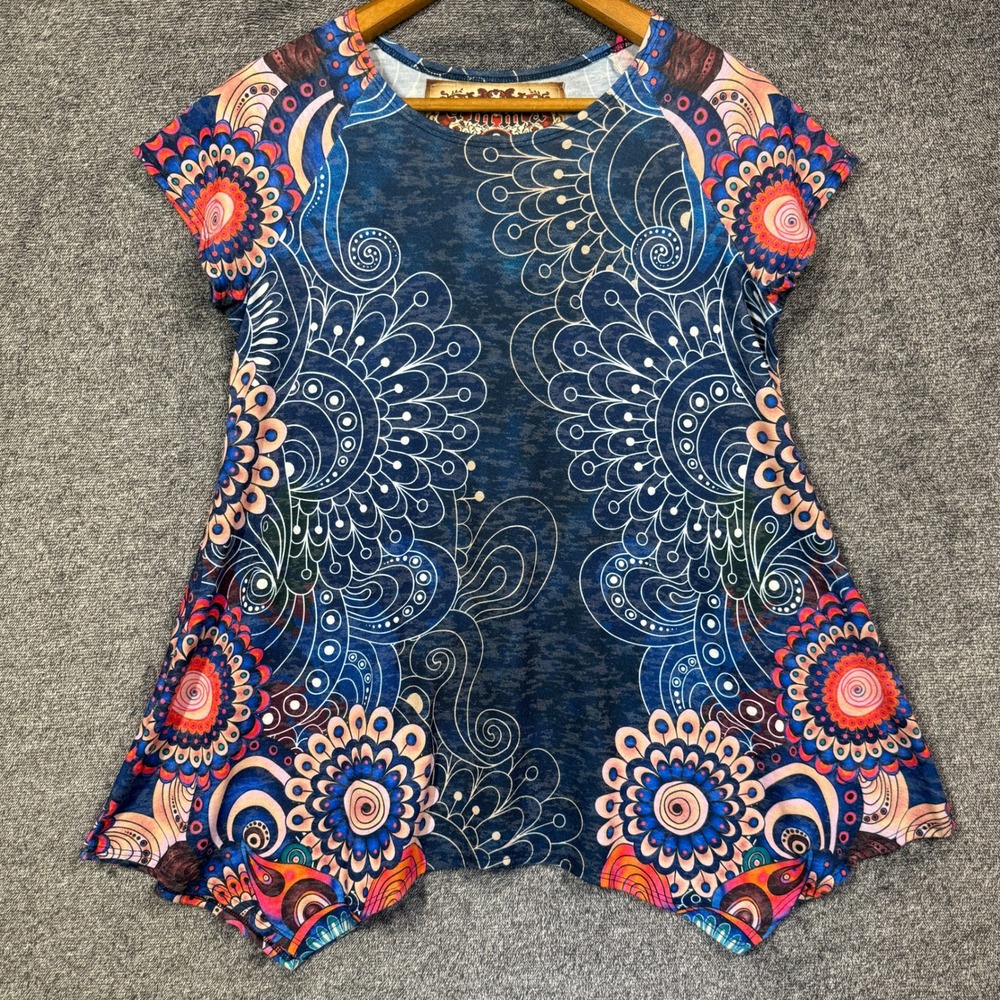 Amma Design Tunic Womens S Mandala Print Sharkbite‎ Hem Top Blue Orange USA Made